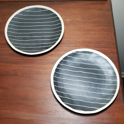 Creative Co-op Set of Two Salad Plates Black with tan rim and stripe 7 7/8