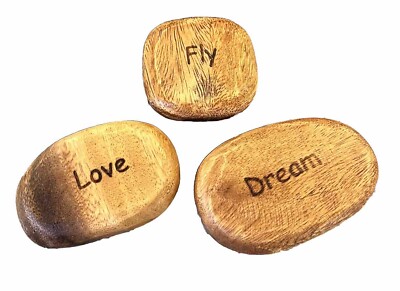 Creative Co-Op Set of 3 Wood Carved Rocks Dream Love Fly Memorial Sign Inspired-image