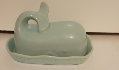 Creative Co-op Stoneware Whale Shaped Butter Dish With Lid Aqua Blue Preowned -image
