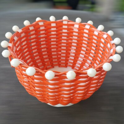 70's Mini Basket S&S Arts Crafts Miniature Orange Plastic Woven Mid Century 4