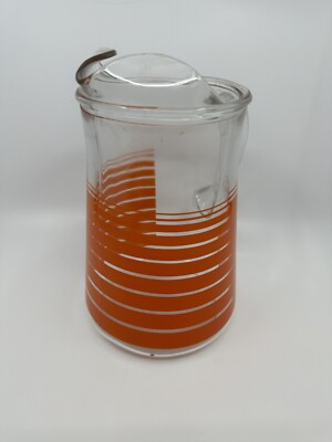 Large Vintage Mid-Century Indiana Glass Vibrant Tangerine Orange Stripe Pitcher -image