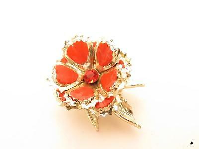 Orange Enamel Vintage 1950's Gold Plated Rhinestone Flower Brooch Pin-image