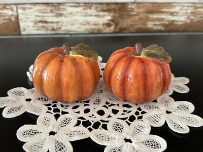 Ceramic Orange Pumpkin Salt & Pepper Shakers CIC Fall Thanksgiving-image