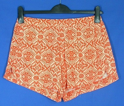 EVERLY Orange/Ivory AZTEC PRINT Elastic Waist LIGHTWEIGHT Twill PULL-ON Shorts S-image