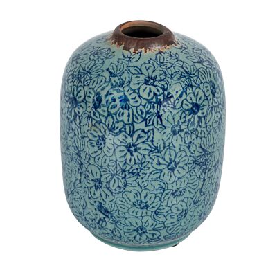Creative Co-Op Terra-Cotta Vase with Floral Pattern, Distressed Blue-image