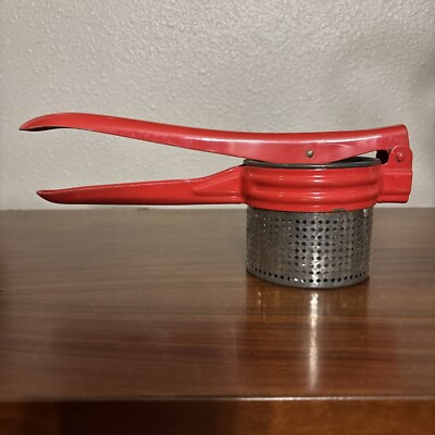 Vintage Metal Potato Ricer Masher Strainer Orange Red Mid Century Rustic Decor-image
