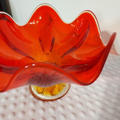 Vintage Viking Art Glass Orange Amberina Mid Century Pedestal Compote Bowl MCM-image