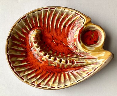 Mid-Century Orange Large Lava Glaze Ashtray California USA Pottery Shell Tray-image