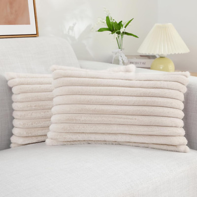Faux Fur Throw Pillow Covers 12X20 Set of 2, Decorative Soft Plush Striped Lumba-image