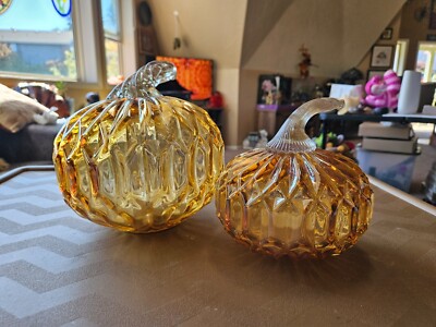 Orange Iridescent Fall Pumpkin Pair Battery Operated Carnival Glass 8