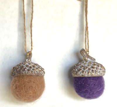 Creative Co-Op Set of 2 Wool Acorn Ornaments w/Resin Top 1 Purple 1 Brown 3