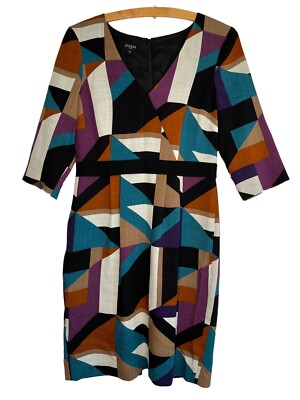 HOBBS Wool Shift Dress Size 10 Geometric Black Burnt Orange Blue Mid Sleeve-image