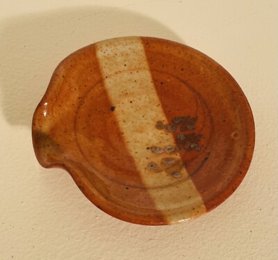 vintage Mid Century Modern small stoneware ashtray Orange Brown Signed JP-image