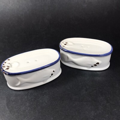 Set Tuna Fish Can Salt Pepper Shakers Creative Co Op Ceramic Distressed Look 4