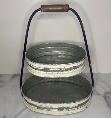 2 Tier Country Fruit Basket Bowl White Galvanized Metal 14” Tall Decor Display-image