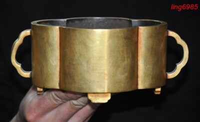 old Ming dynasty Buddhism purple bronze gilt joss Incense burner Censer statue-image