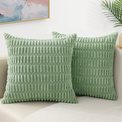 Sage Green Decorative Throw Pillow Covers 18x18 Set of 2, Soft Corduroy Strip...-image