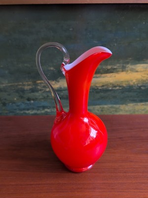 MID CENTURY MODERN ITALIAN ORANGE W/ WHITE HANDLES MURANO ART GLASS 9.5