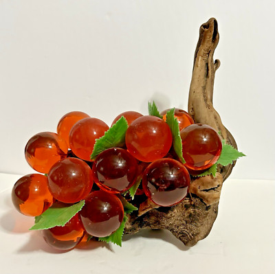 Vintage Lucite Grapes Orange Cluster on Driftwood Mid Century Modern Vine Leaves-image