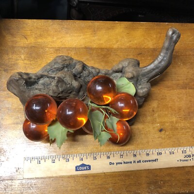 Vintage MCM orange Lucite Grapes 12” Driftwood Branch Mid Century Modern-image