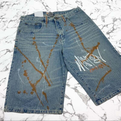Men's Miskeen Mid Blue | White | Orange Hand Painted Casual Denim Shorts NWT-image