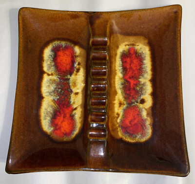 Vintage Large Footed Square Orange Brown Glazed Ladder Ashtray 10 