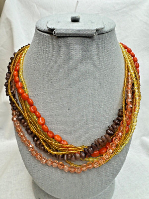 Multi Strand Retro Style Necklace Mid Century Colors Brown Orange Gold-image
