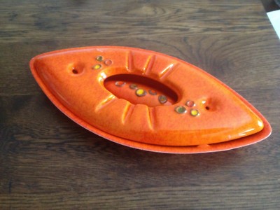 Vintage Mid Century Modern Large Orange Ash Tray Two Piece Unusual !!-image