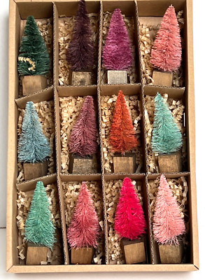 Creative Co-Op Set 12 Bottle Brush Trees Wood Base Greens Pink/Reds 3 1/4