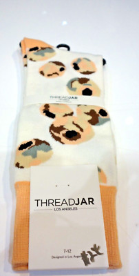 Threadjar Mid Calf socks Cream Off White Peach orange Brown Green Circle Dot-image