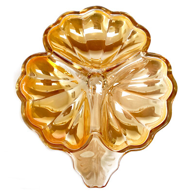 Vintage Marigold Carnival Glass 3 Leaf Clover Iridescent - 7
