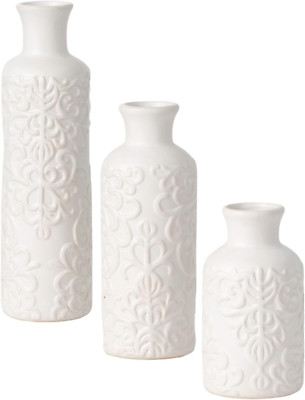 Sullivans Small White Embossed Ceramic Vase Set of 3, Matte Finish, Vases for De-image