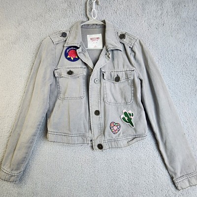 Mossimo Supply Co Jean Jacket Womens Gray Button Up Artsy Brat Patches Sz XS-image