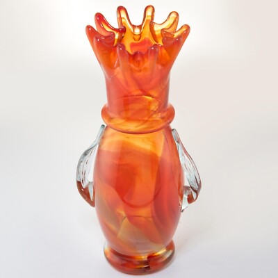 Mid-Century Modern LE Smith Viking Amberina Orange Swung Handkerchief Vase Art G-image