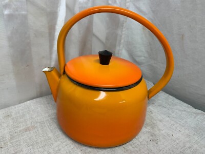 Aubecq France Mid Century Volcanic Orange Enamel Tea Kettle Coffee Pot Stove Top-image