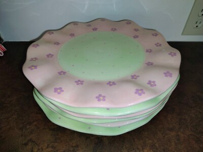 SET OF 6 MESA INTERNATIONAL WAVY RIM DINNER PLATES - PINK/GREEN - 12 INCH-image