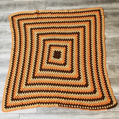 1960's 1970's Retro Mid Century Afghan Crochet Throw Orange Brown Square Blanket-image