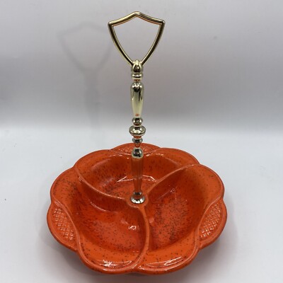 California Pottery Mid Century Mod Orange Speckled Sectional Dish w/Handle O411-image