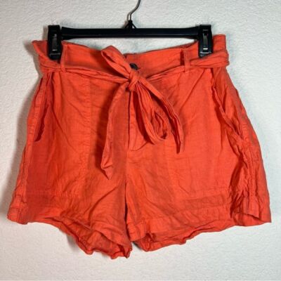 Lou & Grey Orange Salmon Belted Mid Rise Linen Cargo Shorts Womens Size Small-image