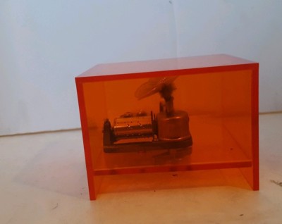 Mid Century Modern Orange Plastic Music Box Rotating Butterfly Made in Japan-image