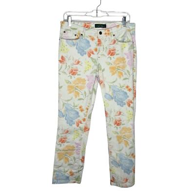 Lauren Ralph Lauren size 8 white orange blue pastel floral mid rise jeans wmns-image