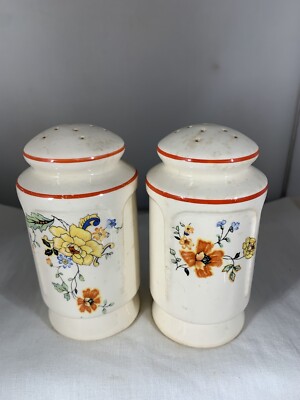 ORANGE PIN STRIPED FLORAL LG. SALT &PEPPER SHAKERS  4”T X 2”W -image