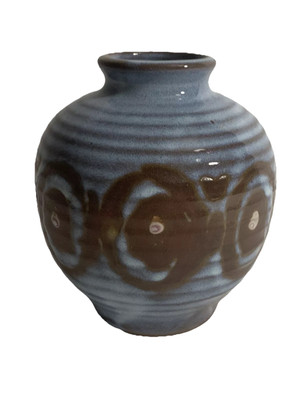 Genuine Stoneware by Creative Decorations Vase Ribbed 4” Blue Brown Japan-image