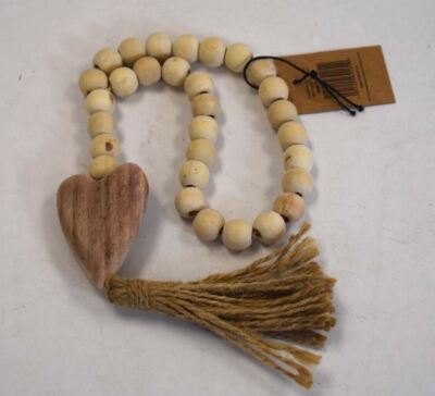 Creative Co-Op Paulownia Wood Beads w Heart Pendant & Jute Tassel DF2773-image