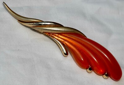 VINTAGE SIGNED ORENA PARIS ORANGE FLOWER BROOCH GOLDTONE RESIN MID CENTURY-image