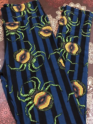 Lularoe Halloween Leggings OS Black Teal Striped Spiders Orange Green NWT-image
