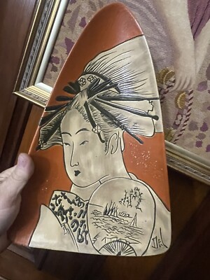 Vintage Mid Century Retro Japan Pottery Plate Geisha  Hand Painted Orange-image