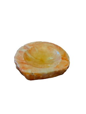 Vintage Mid Century Mod Orange Alabaster Rock Ashtray Natural Edge Hand Carved-image