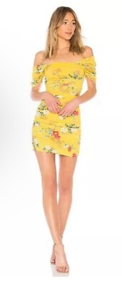 NEW Lovers + Friends Joss Dress Spring Bloom Floral Print Yellow Off Shoulder S-image