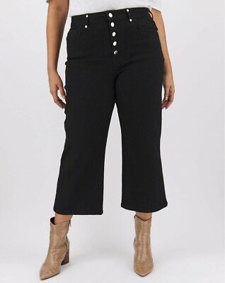 Simply Be Crop Jeans Joss Button Front Wide Leg Black Size 10 -image